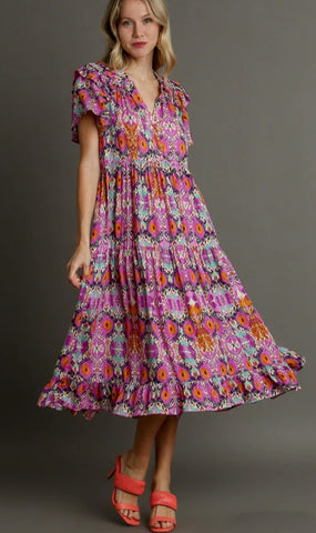 Umgee-Midi- Printed Ruffle Dress